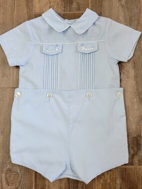 VTG Alison Scott Baby Bubble Romper Blue Embroidery Collar EUC Sz- 18M